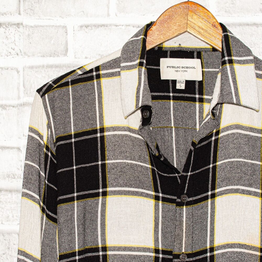 Public School NY Art Patch Button up Shirt Gray Plaid Size Small - Picture 6 of 8